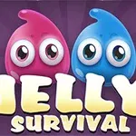 분홍색과 파란색 젤리 캐릭터 두 개가 함께 있고, 아래에 JELLY SURVIVAL 텍스트가 있는 이미지