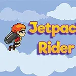 제트팩을 맨 두 캐릭터가 하늘을 날고 있으며 Jetpack Rider라는 텍스트가 중앙에 위치해 있는 이미지
