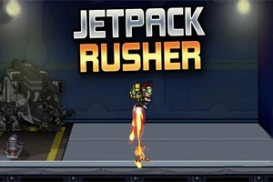 어두운 배경에서 제트팩을 착용한 남자가 공중에 떠 있으며, 상단에는 JETPACK RUSHER라는 글자가 나타나 있다