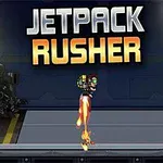 어두운 배경에서 제트팩을 착용한 남자가 공중에 떠 있으며, 상단에는 JETPACK RUSHER라는 글자가 나타나 있다