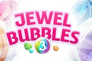 알록달록한 보석과 버블 이미지가 배경에 있고, 중앙에 JEWEL BUBBLES 3라는 텍스트가 있는 장면