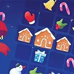 눈사람과 선물 상자, 사탕 지팡이, 벨, 장갑, 진저브레드 하우스 아이콘이 있는 크리스마스 테마의 이미지