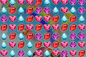 알록달록한 하트, 다이아몬드 모양의 보석들이 배경 이미지 위에 배열되어 있습니다