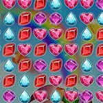 알록달록한 하트, 다이아몬드 모양의 보석들이 배경 이미지 위에 배열되어 있습니다