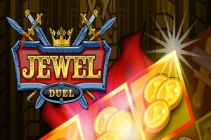 검과 보석이 있는 배경에 Jewel Duel이라는 글씨와 금화가 그림의 중심에 배치되어 있는 이미지