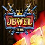 검과 보석이 있는 배경에 Jewel Duel이라는 글씨와 금화가 그림의 중심에 배치되어 있는 이미지