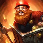 빨간 헬멧을 쓰고 수염 있는 광부가 광차에 타고 있는 모습