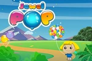 알록달록한 Jewel POP 로고 위에 풍선을 든 소녀가 풀밭에 서 있는 모습