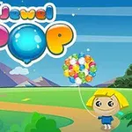 알록달록한 Jewel POP 로고 위에 풍선을 든 소녀가 풀밭에 서 있는 모습