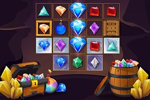 다양한 색상의 보석과 보물이 가득한 상자와 나무 통이 있는 게임 보드