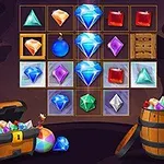 다양한 색상의 보석과 보물이 가득한 상자와 나무 통이 있는 게임 보드