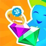 파란색 캐릭터가 초록색과 보라색 보석과 반지를 들고 있는 모습