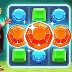 원주민 복장을 한 캐릭터가 화려한 보석들이 배치된 퍼즐 패널을 가리키고 있다