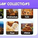 퍼즐 테마 선택 화면으로, 할로윈, 건축, 고양이, 도시, 음식, 자연의 이미지가 각각 정사각형 안에 배치되어 있다