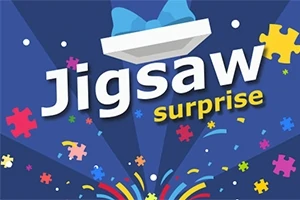 다양한 색상의 퍼즐 조각과 Jigsaw surprise라는 텍스트가 있는 파란색 배경 이미지