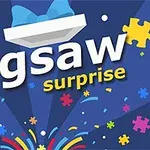 다양한 색상의 퍼즐 조각과 Jigsaw surprise라는 텍스트가 있는 파란색 배경 이미지