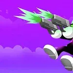 선글라스를 쓴 흰색 캐릭터가 보라색 배경에서 두 개의 총을 쏘고 있는 모습