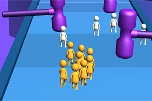 파란색 배경 통로 위에 보라색 망치 장애물과 여러 개의 노란색, 흰색 인간형 캐릭터들이 있는 장면