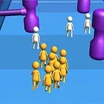 파란색 배경 통로 위에 보라색 망치 장애물과 여러 개의 노란색, 흰색 인간형 캐릭터들이 있는 장면