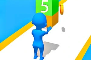 파란색 캐릭터가 숫자 5가 적힌 블록을 향해 달려가고 있으며, 옆에 금색 동전이 보인다