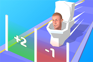 변기 모양의 차량에 사람 얼굴이 합성된 이미지가 트랙 위를 달리고 있으며, 트랙에 숫자 +2와 -1이 표시되어 있다