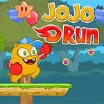 노란 고양이가 빨간 글러브를 낀 채 평지에서 점프하고 있으며, 배경에는 나무와 버섯, 별 모양의 풍선들이 떠있다