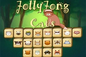 고양이 얼굴이 그려진 타일들이 배열되어 있고, 상단에 주황색 고양이 이미지와 Jollyjong Cats라는 텍스트가 있는 이미지