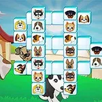 강아지 얼굴이 그려진 타일들이 겹쳐진 구조로 배치되어 있고, 배경에는 강아지와 함께 밝은 하늘과 초원이 있는 장면