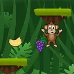 원숭이가 바나나와 포도 옆에 플랫폼 위에 있는 밀림 배경