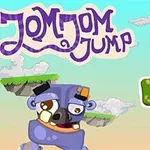 파란색 하늘과 구름 배경에 괴물 캐릭터와 JomJom Jump라는 제목, 높은 점수, 시작 버튼이 있는 유쾌한 미디어 게임 이미지