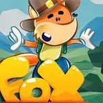 여우 모양의 귀여운 캐릭터가 모자와 장갑을 착용하고 있으며, 배경으로 초록색 숲이 펼쳐져 있고, 캐릭터 아래에 Fox라는 글자가 있다