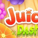 과일이 배경인 나무 보드 위에 Juicy Dash라는 글자가 적혀 있는 이미지