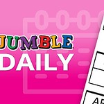 분홍색 배경에 JUMBLE DAILY 글자가 쓰여 있고 오른쪽에 퍼즐 조각들이 보입니다