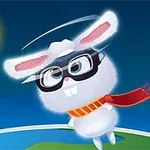 고글을 쓰고 빨간 목도리를 두른 하얀 토끼가 황금 동전 옆에 떠 있는 모습