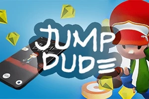 빨간 모자를 쓴 캐릭터와 여러 개의 노란 다이아몬드가 파란 배경 위에 있으며, JUMP DUDE라는 텍스트와 스마트폰 화면이 보입니다