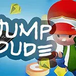 빨간 모자를 쓴 캐릭터와 여러 개의 노란 다이아몬드가 파란 배경 위에 있으며, JUMP DUDE라는 텍스트와 스마트폰 화면이 보입니다