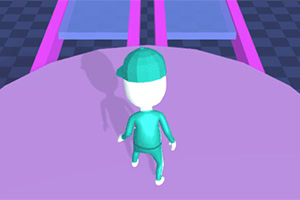 녹색 옷과 모자를 쓴 캐릭터가 분홍색과 파란색 플랫폼으로 나아가는 모습을 보여줍니다