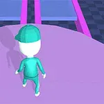 녹색 옷과 모자를 쓴 캐릭터가 분홍색과 파란색 플랫폼으로 나아가는 모습을 보여줍니다