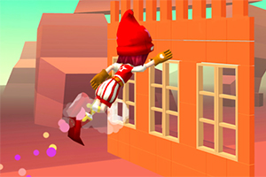 빨간 모자를 쓴 캐릭터가 주황색 건물 옆을 날아가고 있는 장면