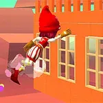 빨간 모자를 쓴 캐릭터가 주황색 건물 옆을 날아가고 있는 장면