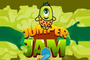 한 눈이 달린 귀여운 녹색 생물 캐릭터가 JUMPER JAM 2라는 글자 위에 서 있는 모습
