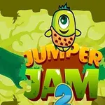 한 눈이 달린 귀여운 녹색 생물 캐릭터가 JUMPER JAM 2라는 글자 위에 서 있는 모습