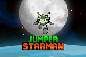 우주 배경에 큰 달 앞을 뛰어넘는 우주복 입은 캐릭터와 JUMPER STARMAN 텍스트