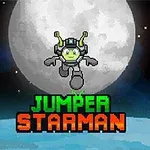 우주 배경에 큰 달 앞을 뛰어넘는 우주복 입은 캐릭터와 JUMPER STARMAN 텍스트