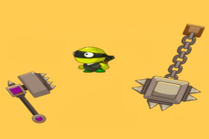 노란 배경에 녹색 눈을 가진 캐릭터와 스파이크가 달린 망치 및 사슬 무기가 있습니다