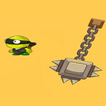 노란 배경에 녹색 눈을 가진 캐릭터와 스파이크가 달린 망치 및 사슬 무기가 있습니다