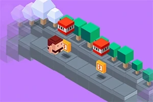 보라색 배경 위에 픽셀 스타일의 캐릭터가 길을 걷고 있으며, 주변에는 나무와 빨간 지붕의 작은 건물이 있다