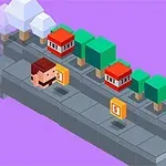 보라색 배경 위에 픽셀 스타일의 캐릭터가 길을 걷고 있으며, 주변에는 나무와 빨간 지붕의 작은 건물이 있다