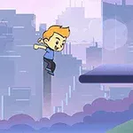 도시 배경에서 만화 스타일의 캐릭터가 점프하는 장면