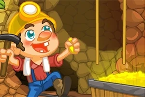 헬멧을 쓴 광부가 한 손에 금 덩어리를 들고 다른 손에는 곡괭이를 들고 있는 모습